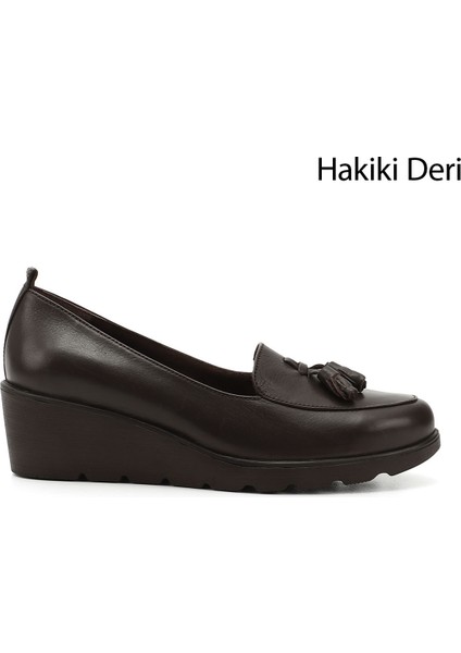 Kadın Kahve Dolgu Taban Püsküllü Hakiki Deri Ayakkabı