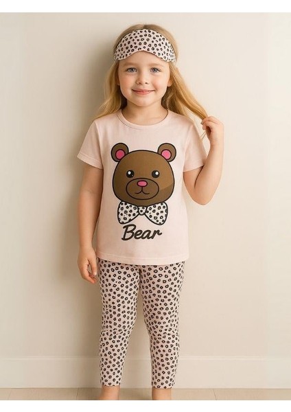 Kız Çocuk Pamuklu Kısa Kol Ayıcık Desenli Pijama Takımı(Uyku Bandı Dahil)