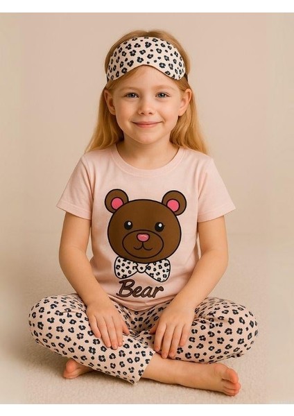Kız Çocuk Pamuklu Kısa Kol Ayıcık Desenli Pijama Takımı(Uyku Bandı Dahil) fiyatları