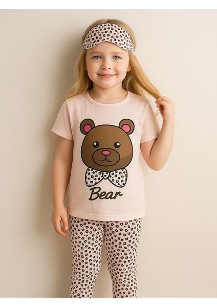 Kız Çocuk Pamuklu Kısa Kol Ayıcık Desenli Pijama Takımı(Uyku Bandı Dahil) modelleri
