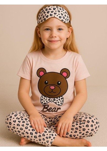 Kız Çocuk Pamuklu Kısa Kol Ayıcık Desenli Pijama Takımı(Uyku Bandı Dahil) fırsatları