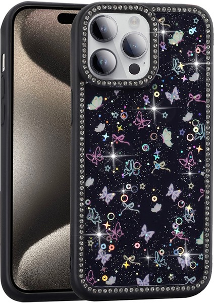 Apple iPhone 14 Pro Max Kılıf Taşlı ve Simli Tasarım Prl Azra Kapak - Siyah