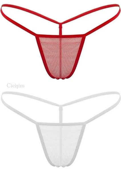 Kırmızı Beyaz 2'li Tül Transparan String Tanga Iç Giyim