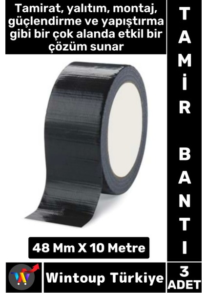 Uzun Ömürlü Su Nem Küfe Dayanıklı Çok Amaçlı Siyah Montaj Onarım Tamir Bantı 48 mm x 10 Metre 3 Adet