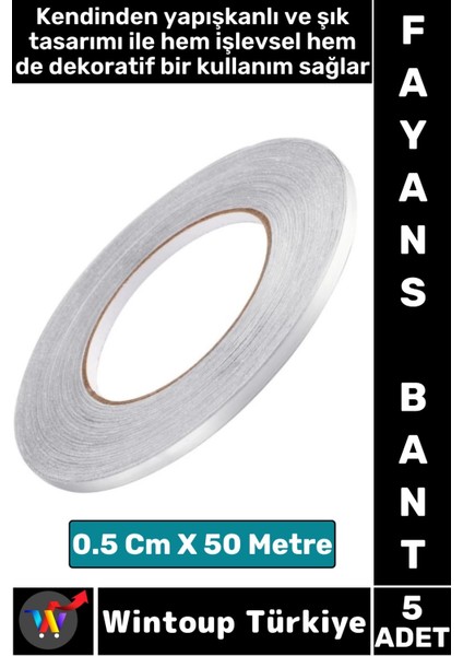 Uzun Ömürlü Kendinden Yapışkanlı Karo Zemin Fayans Derz 0.5 cm x 50 Metre Gri Şerit Bant 5 Adet