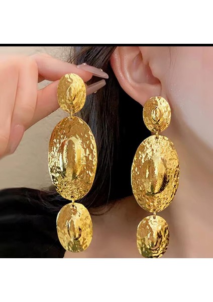 Vedawas Gold Retro Içbükey Dışbükey Doku Oval Alaşım Küpe, Abartılı Küpe, Gold Renk Küpe