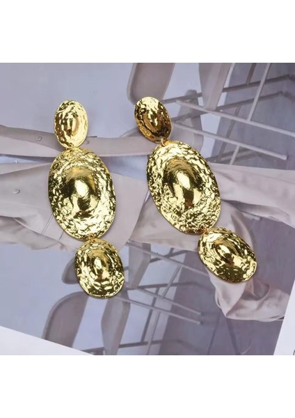 Vedawas Gold Retro Içbükey Dışbükey Doku Oval Alaşım Küpe, Abartılı Küpe, Gold Renk Küpe modelleri