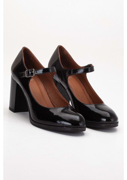 Kadın Hakiki Deri Bantlı Topuklu Ayakkabı - Siyah Rugan fırsatları