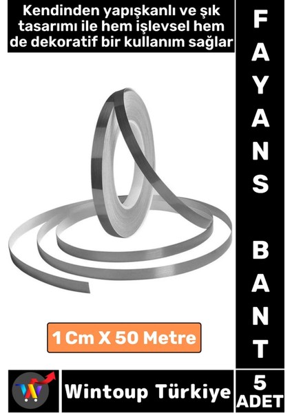 Uzun Ömürlü Kendinden Yapışkanlı Karo Zemin Fayans Derz 1 cm x 50 Metre Gri Şerit Bant 5 Adet
