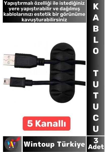 Kablo Düzenleyici Şarj Kablosu Kulaklık Dağınıklık Önleyen 5 Kanallı Yapışkanlı Kablo Tutucu 3 Adet