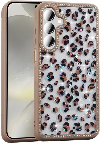 Samsung Galaxy A55 Kılıf Taşlı ve Simli Tasarım Prl Azra Kapak - Gold