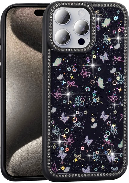 Apple iPhone 15 Pro Max Kılıf Taşlı ve Simli Tasarım Prl Azra Kapak - Siyah
