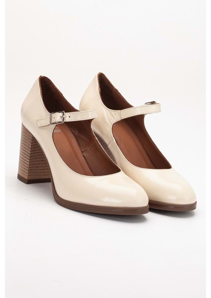 Kadın Hakiki Deri Bantlı Topuklu Ayakkabı - Bej Rugan fırsatları