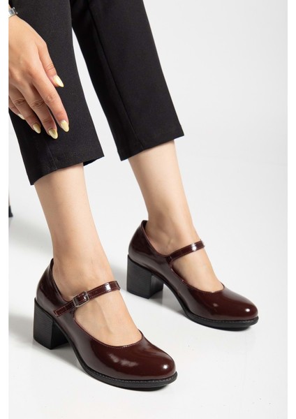 Kadın Hakiki Deri Bantlı Topuklu Ayakkabı - Bordo Rugan