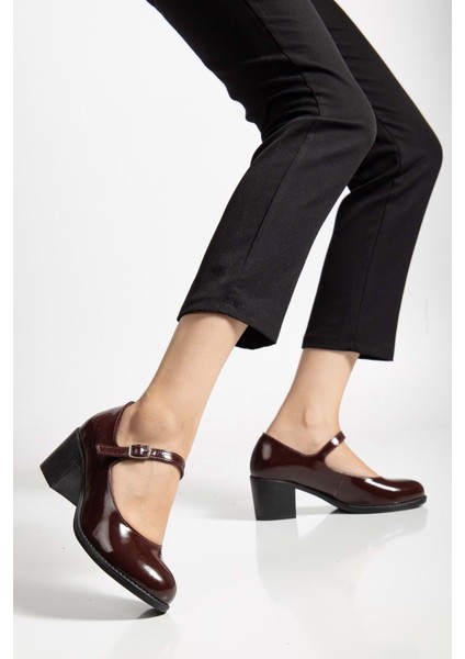 Kadın Hakiki Deri Bantlı Topuklu Ayakkabı - Bordo Rugan fiyatları