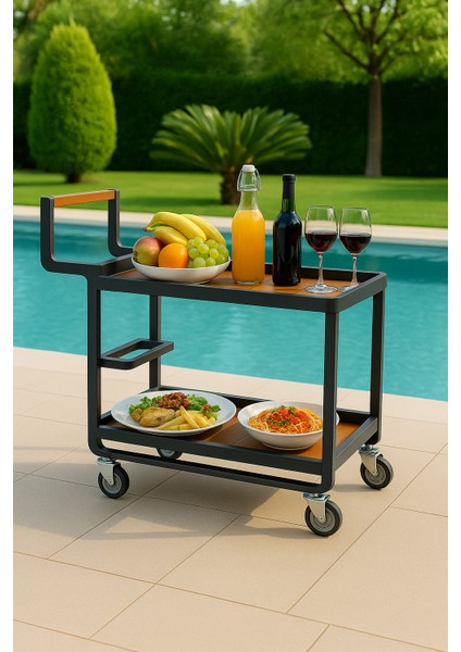 Antrasit Gri Alüminyum Gövde & Ahşap Detaylı 2 Katlı Tekerlekli Servis ve Bar Arabası – Dış Mekan & Iç Mekan Kullanıma Uygun, Premium Tasarım