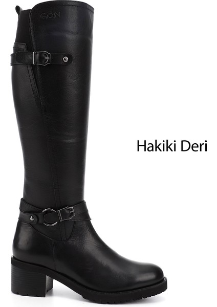 Gön Hakiki Deri Yuvarlak Burun Kauçuk Taban Topuklu Fermuarlı Tokalı Kadın Çizme 44562