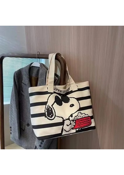 Karikatür Snoopy El Çantaları Büyük Kapasiteli Tuval Çantalar Taşınabilir Kız Öğrenciler Için Gündelik Tote Satchel Okul Çantaları Mommy Backpackscolor: Beyaz (Yurt Dışından)