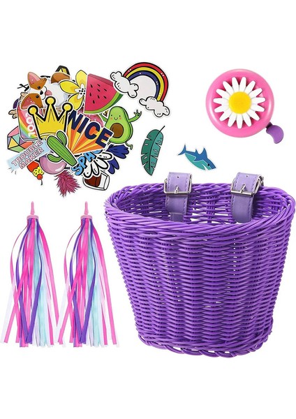 4pcs/set Pe Rattan Hasır Bisiklet Ön Sepet+Çan+Püskül+Sticker Bisiklet Ön Sepet Elle Dokuma Çocuk Bisiklet Sepeti: Mor 2 (Yurt Dışından)