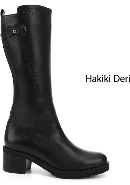 Kadın Siyah Fermuarlı Kalın Topuklu Hakiki Deri Çizme