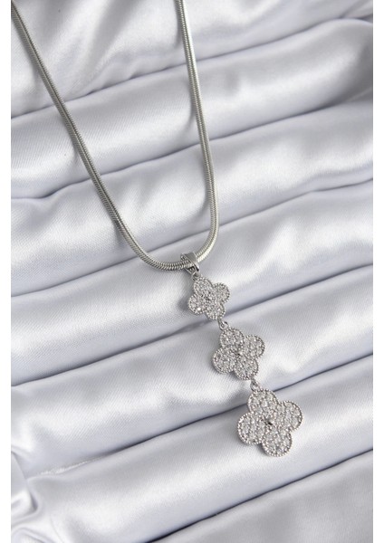 316L Çelik Gümüş Renk Italyan Zincir Zirkon Taşı Yonca Model Kadın Kolye