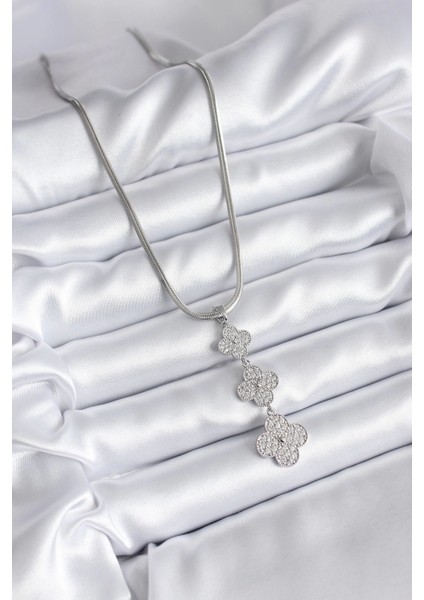 316L Çelik Gümüş Renk Italyan Zincir Zirkon Taşı Yonca Model Kadın Kolye fiyatları
