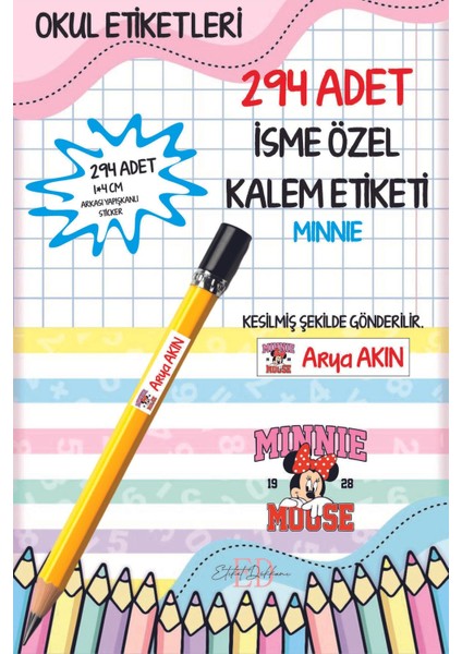 Okul Etiketi Kalem Etiketi Isimli Kişiye Özel Mınnıe 294 Adet