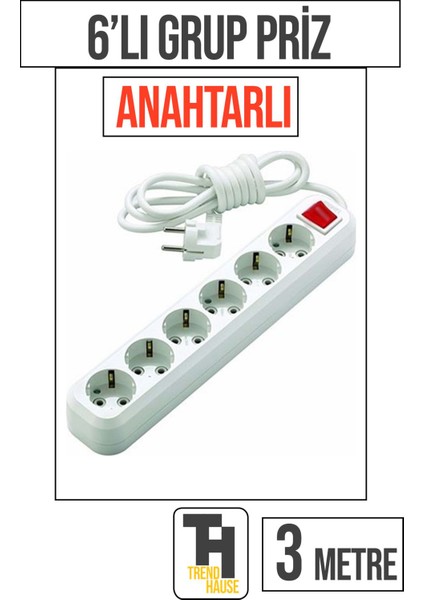 3 Metre 6'lı Anahtarlı Grup Priz