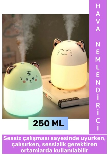 Portatif Sessiz Çalışır Şık Sevimli Kedi Tasarımlı Humidifier USB Şarjlı Oda Hava Nemlendirici 250ML