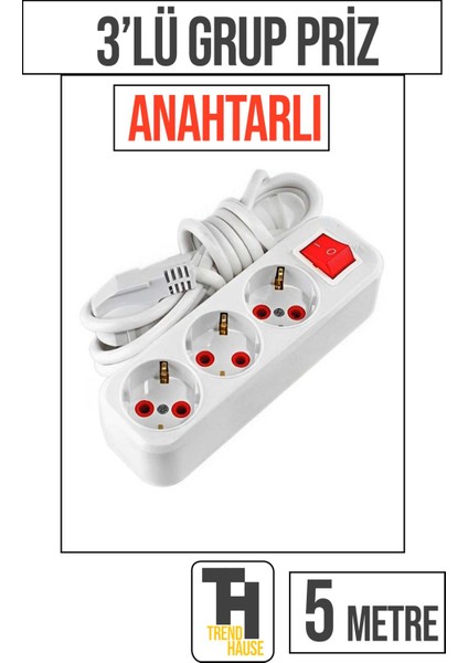 5 Metre 3'lü Anahtarlı Grup Priz