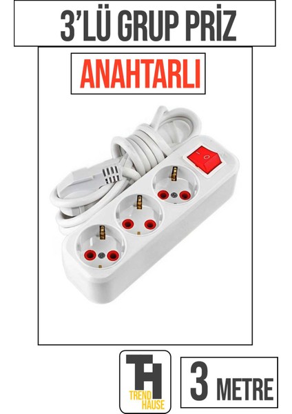3 Metre 3'lü Anahtarlı Grup Priz