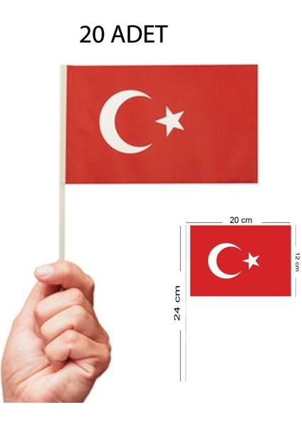 Kırmızı Beyaz Renk Sopalı Ay Yıldız Kağıt Bayrak 20 Adet 20 x 12 cm Küçük Boy Gösteri