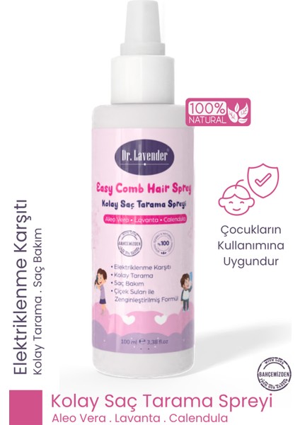 Doğal Kolay Saç Tarama Spreyi 100 ml Lavanta & Aloe Vera & Calendula Elektriklenme Karşıtı Sprey
