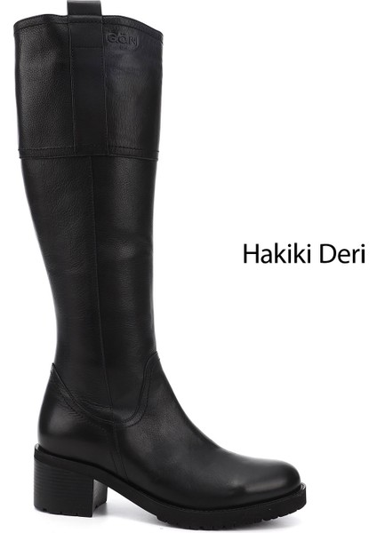 Kadın Siyah Fermuarlı Kalın Topuklu Hakiki Deri Çizme