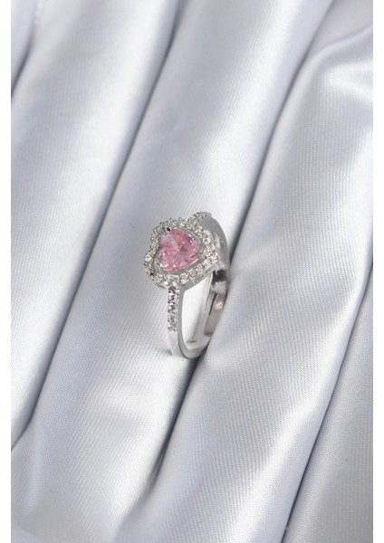 Pirinç Gümüş Renk Pembe Zirkon Taş Kalp Charm Model Kadın Yüzük