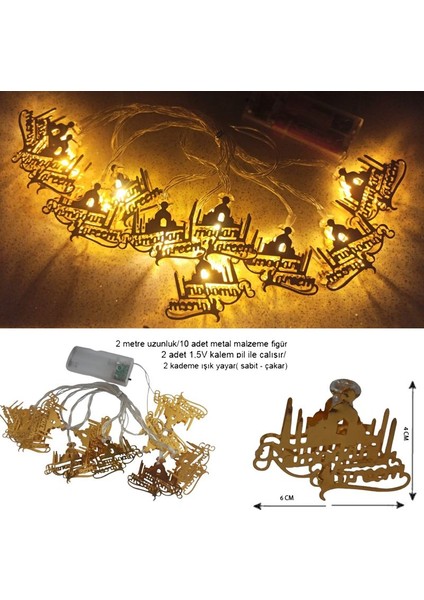 Ramadan Kareem Yazılı Gün Işığı 10 Metal Ampullü Pilli LED Işık 2 mt Ramazan