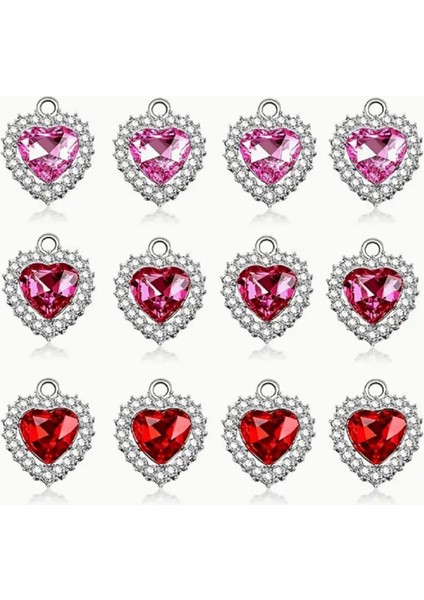 ( 12 x Adet ) 1 Set 4 Red + 4 + 4 Purple Heart Kristal Görünüm Kalp Bileklik&küpe&kolye