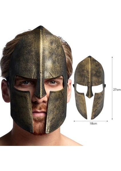 Halloween Plastik Arkadan Lastikli Ortaçağ Şövalye Gladyatör Maskesi Eskitme Altın Renk