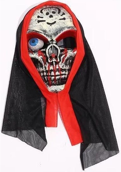 Kapüşonlu Tek Göz Kanlı Kurukafa Iskelet Şekilli Halloween Maskesi