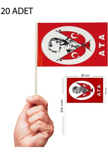 Kırmızı Beyaz Renk Sopalı Ata Baskılı Kağıt Bayrak 20 Adet 20 x 12 cm Küçük Boy Gösteri