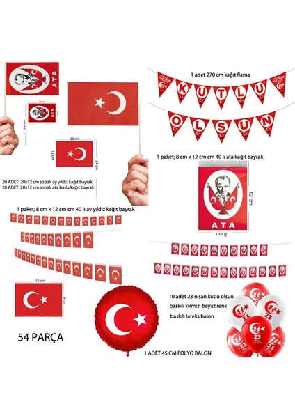 Kırmızı Beyaz Türkiye Renklerinde 54 Parça 23 Nisan Mekan Süsleme Seti