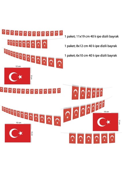 Kırmızı Beyaz Renk Ay Yıldız Ip Dizgi 40 Lı Kağıt Bayrak 3 Farklı Boy 3 Adet Gösteri