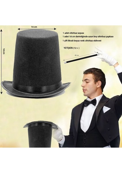 Halloween Keçe Siyah Renk Sihirbaz Uzun Şapkası Eldiveni Asası Seti