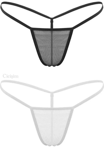Siyah Beyaz 2'li Tül Transparan String Tanga Iç Giyim