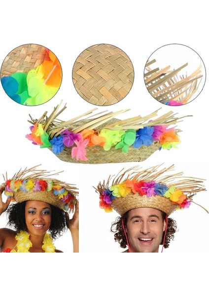 Saman Hasır Model Hawai Hula Party Şapkası Flower Çiçekli Natürel Renk 58 No