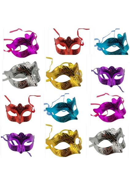 6 Farklı Renkte Plastik Balo Maskesi Kabartma Desenli 12 Adet