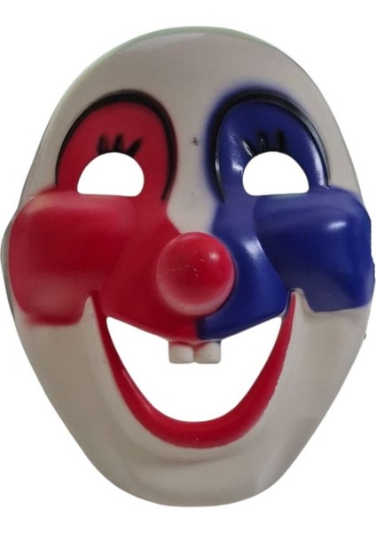16X21 cm Sert Plastik Arkadan Lastikli Sevimli Palyaço Maskesi Kırmızı Mavi Renk Çocuk Boy