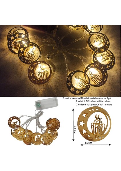 Hilal Içinde Cami Şerefesi Ramazan Temalı 10 Metal Ampullü Pilli Gün Işığı LED Işık 2 mt
