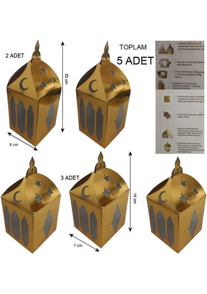 5 Adet 2 Boy Ramazan Temalı Karton Masa Dekor Süsü Altın Renk