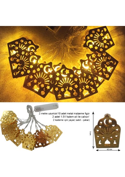 Ramazan Temalı Gün Işığı 10 Metal Ampullü Dini Sembollü Fener Şeklinde Pilli LED Işık 2 mt